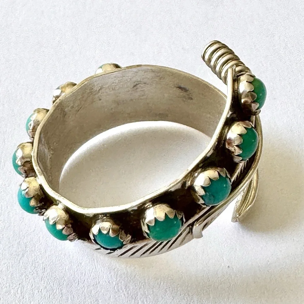 Navajo Turquoise Wrap Ring Feather‎ Sz 6 Adjustable Bypass Sterling Signed AD